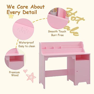 kid's Desk with Wooden Chair, Student Desk with Cabinet, Multifunctional Children's Learning Table
