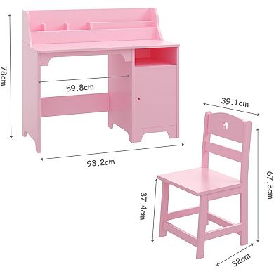 kid's Desk with Wooden Chair, Student Desk with Cabinet, Multifunctional Children's Learning Table