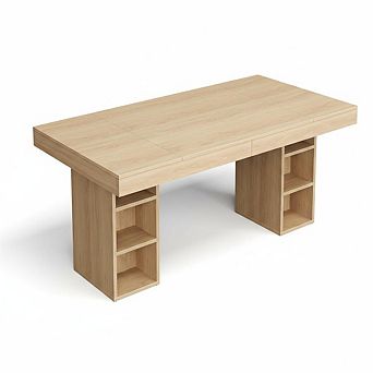 4-6 Seater Wood Dining Table, Large Long Kitchen Table with Sturdy Pedestal & Storage Cube