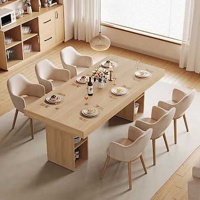 4-6 Seater Wood Dining Table, Large Long Kitchen Table with Sturdy Pedestal & Storage Cube