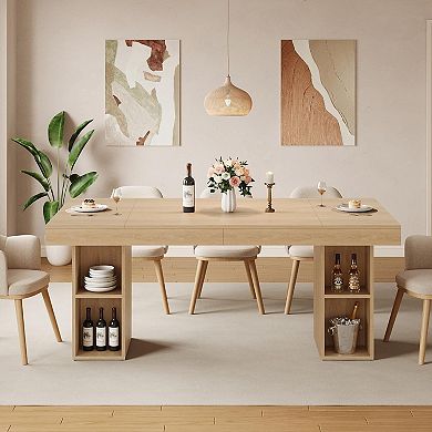 4-6 Seater Wood Dining Table, Large Long Kitchen Table with Sturdy Pedestal & Storage Cube