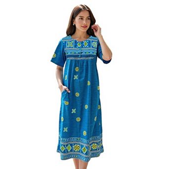 Loungees Border Print Cotton Lounge Dress House Dress Caftan 3 Button Bib Yoke Short Sleeve