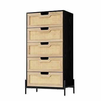 5-Drawer Rattan Dresser,Drawers with Metal Legs, Tall Storage Dresser for Bedroom & Living Room