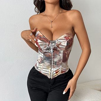Women's Vintage Victorian Corset Satin Strapless Overbust Bustier Lace Up Bodyshaper