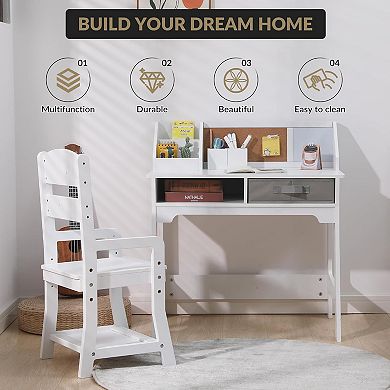 Height Adjustable Kids Study Desk and Chair Set with Hutch,Wooden Student Table Featuring Drawers