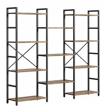 Large Bookcase with 11 Open Shelves, Industrial Wood and Metal Book Shelves for Bedroom
