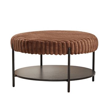 Upholstered Round Ottoman Coffee Table Footrest with Open Storage and Metal Legs