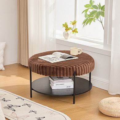 Upholstered Round Ottoman Coffee Table Footrest with Open Storage and Metal Legs