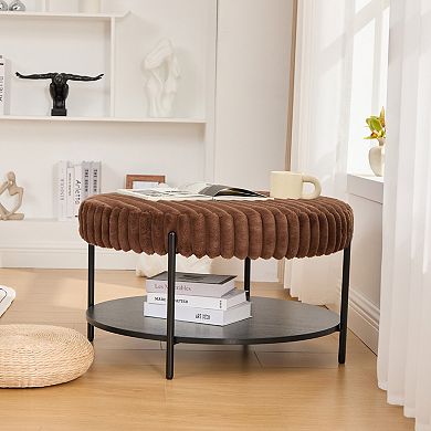 Upholstered Round Ottoman Coffee Table Footrest with Open Storage and Metal Legs