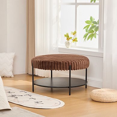 Upholstered Round Ottoman Coffee Table Footrest with Open Storage and Metal Legs
