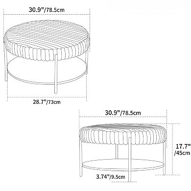 Upholstered Round Ottoman Coffee Table Footrest with Open Storage and Metal Legs