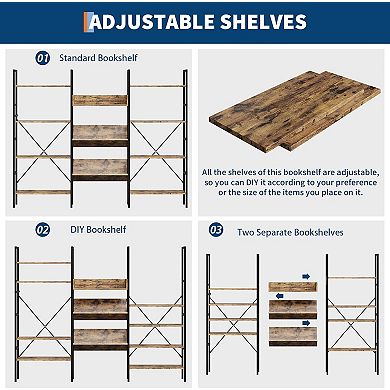 Large Bookshelf with Shelves, Rustic Industrial Style Storage Display Case, 4 Tier Standing Shelf