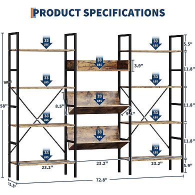 Large Bookshelf with Shelves, Rustic Industrial Style Storage Display Case, 4 Tier Standing Shelf