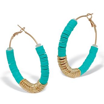 Teal Beaded Goldtone Hoop Earrings, 55mm