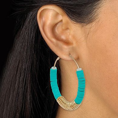 Teal Beaded Goldtone Hoop Earrings, 55mm