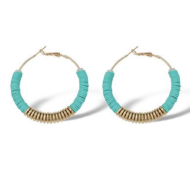 Teal Beaded Goldtone Hoop Earrings, 55mm
