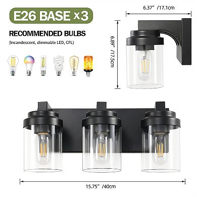 15.7 in. 3-Light Matte Black Wall Sconce with Clear Glass Shade