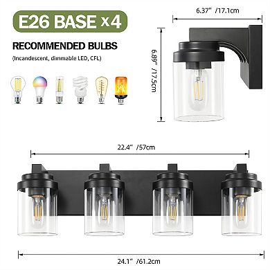 24.1 in. 4-Light Matte Black Wall Sconce with Clear Glass Shade