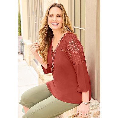 Catherines Women's Plus Size Knit Gauze Crochet 3/4 Sleeve Top