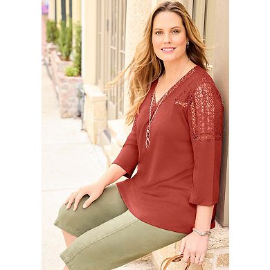 Catherines Women's Plus Size Knit Gauze Crochet 3/4 Sleeve Top