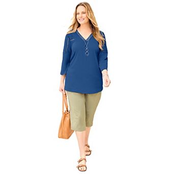 Catherines Women's Plus Size Knit Gauze Crochet 3/4 Sleeve Top