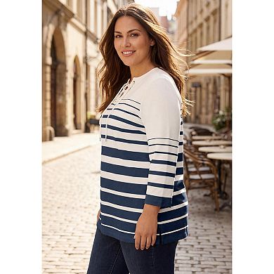 Jessica London Women's Plus Size Stretch Cotton Lace-Up Boatneck Tunic