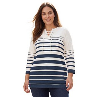 Jessica London Women's Plus Size Stretch Cotton Lace-Up Boatneck Tunic