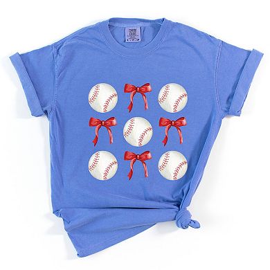 Baseballs and Red Bows Watercolor - Women's Garment Dyed Graphic T-Shirt