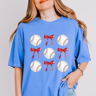 Baseballs and Red Bows Watercolor - Women's Garment Dyed Graphic T-Shirt