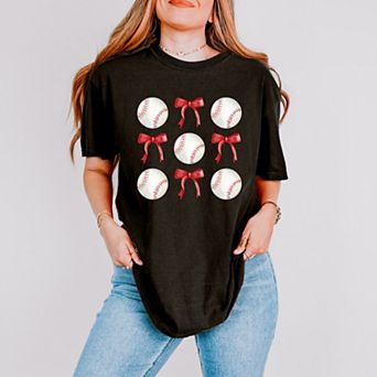 Baseballs and Red Bows Watercolor - Women's Garment Dyed Graphic T-Shirt
