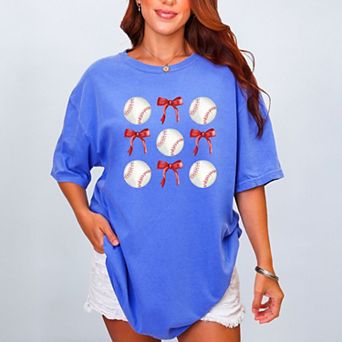 Baseballs and Red Bows Watercolor - Women's Garment Dyed Graphic T-Shirt