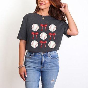 Baseballs and Red Bows Watercolor - Women's Short Sleeve Graphic T-Shirt