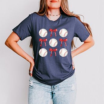 Baseballs and Red Bows Watercolor - Women's Short Sleeve Graphic T-Shirt