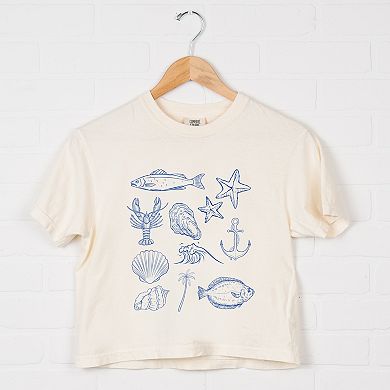Outline Fish Collage Blue - Women's Boxy Crop Top Graphic T-Shirt