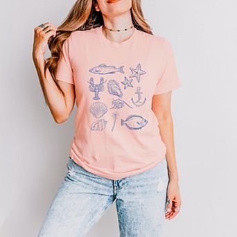 Outline Fish Collage Blue - Women's Short Sleeve Graphic T-Shirt