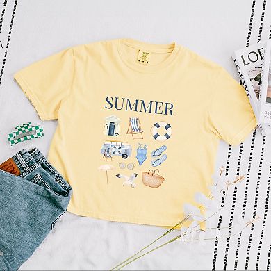 Summer Blue Collage - Women's Boxy Crop Top Graphic T-Shirt