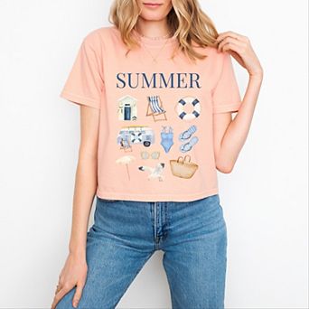 Summer Blue Collage - Women's Boxy Crop Top Graphic T-Shirt