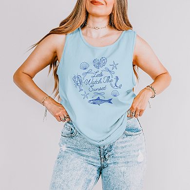Let's Watch The Sunset Nautical - Women's Garment Dyed Graphic Tank Top