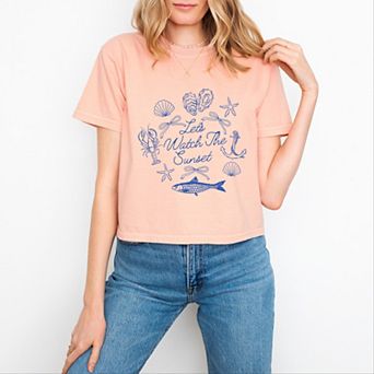 Let's Watch The Sunset Nautical - Women's Boxy Crop Top Graphic T-Shirt