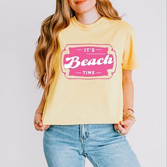 It's Beach Time Pink - Women's Boxy Crop Top Graphic T-Shirt