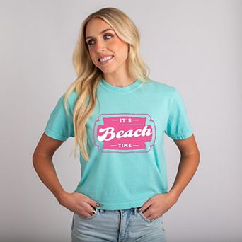 It's Beach Time Pink - Women's Boxy Crop Top Graphic T-Shirt