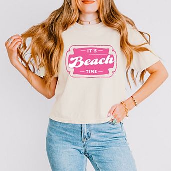 It's Beach Time Pink - Women's Boxy Crop Top Graphic T-Shirt