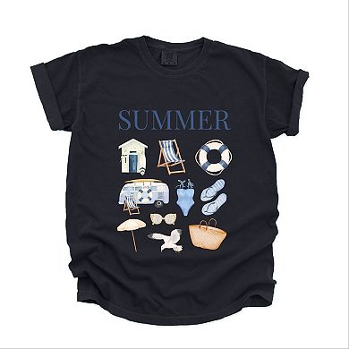 Summer Blue Collage - Women's Garment Dyed Graphic T-Shirt
