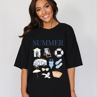 Summer Blue Collage - Women's Garment Dyed Graphic T-Shirt