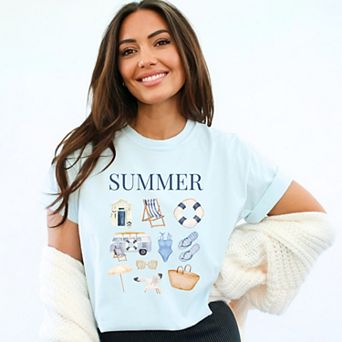 Summer Blue Collage - Women's Garment Dyed Graphic T-Shirt