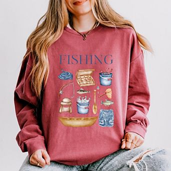 Fishing Watercolor Collage - Women's Lightweight Garment Dyed Sweatshirt