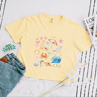 Beach Collage Watercolor - Women's Boxy Crop Top Graphic T-Shirt
