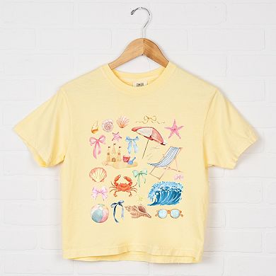 Beach Collage Watercolor - Women's Boxy Crop Top Graphic T-Shirt