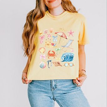 Beach Collage Watercolor - Women's Boxy Crop Top Graphic T-Shirt