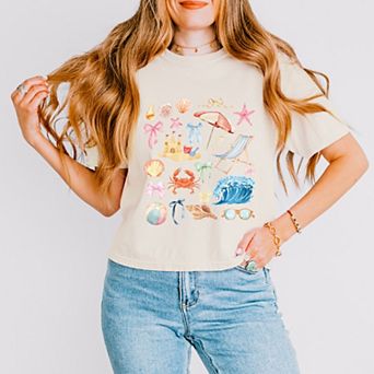 Beach Collage Watercolor - Women's Boxy Crop Top Graphic T-Shirt